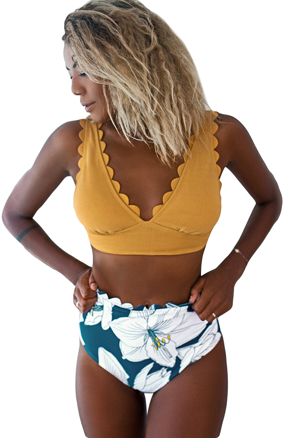 Solid V-Neck Scalloped Floral Bikini