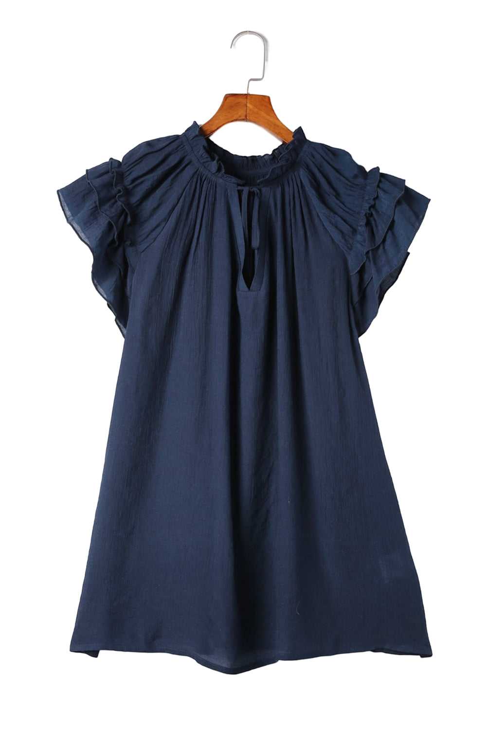 Blue Tiered Ruffled Sleeve Drawstring V Neck Plus Size Blouse