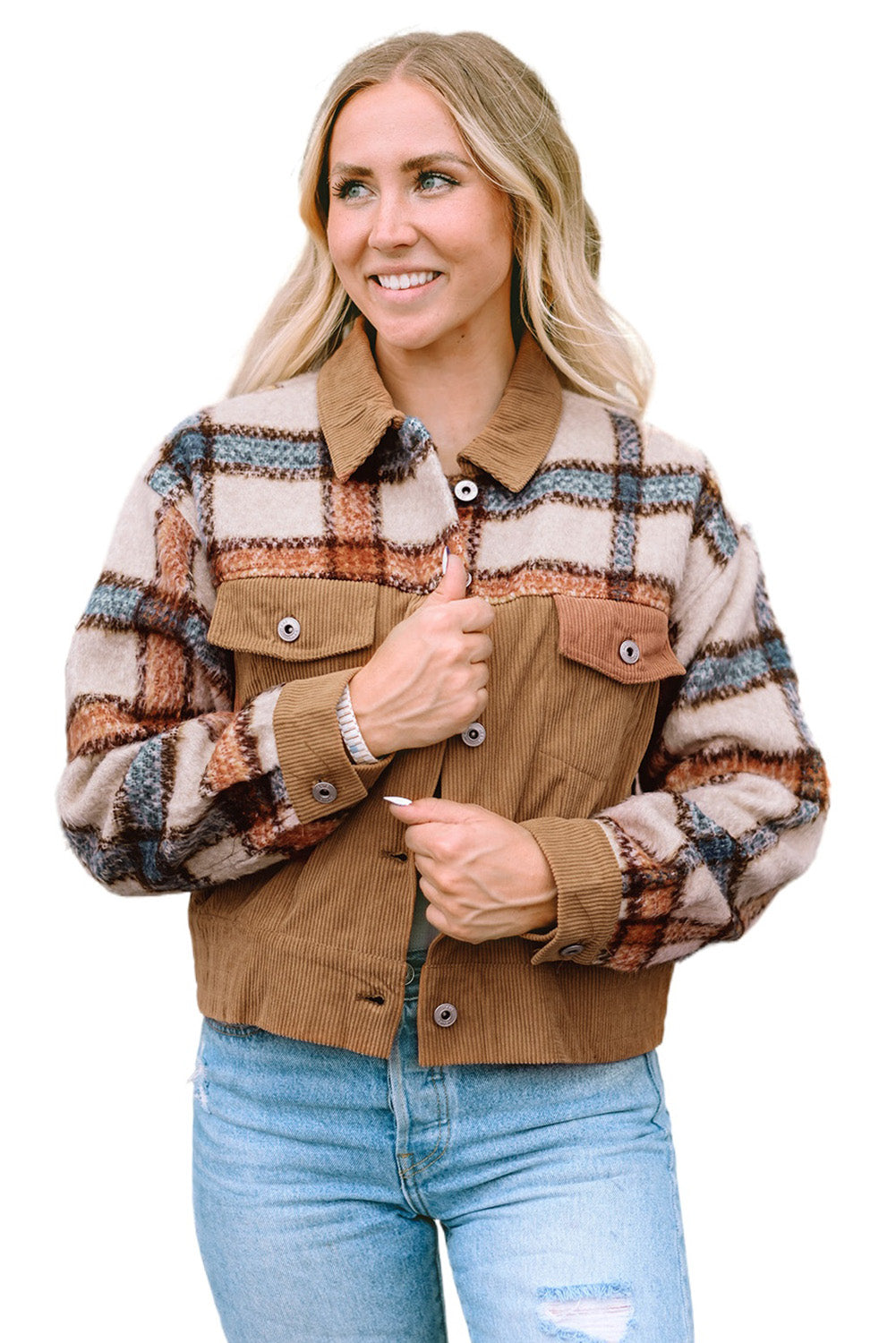 Khaki Plaid Corduroy Flap Pockets Boxy Chunky Jacket