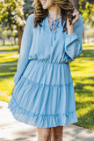 Light Blue V Neck Long Sleeve Ruffle Tiered Mini Dress