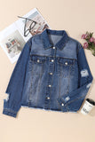 Sky Blue Lapel Distressed Raw Hem Buttons Denim Jacket