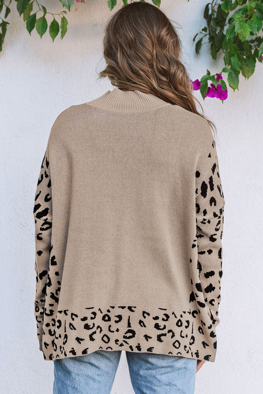 Leopard High Neck Side Slit Oversized Sweater