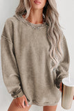 Khaki Solid Ribbed Knit Round Neck Pullover Sweatshirt