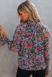 Blouse multicolore à col en V et manches longues à volants et imprimé floral