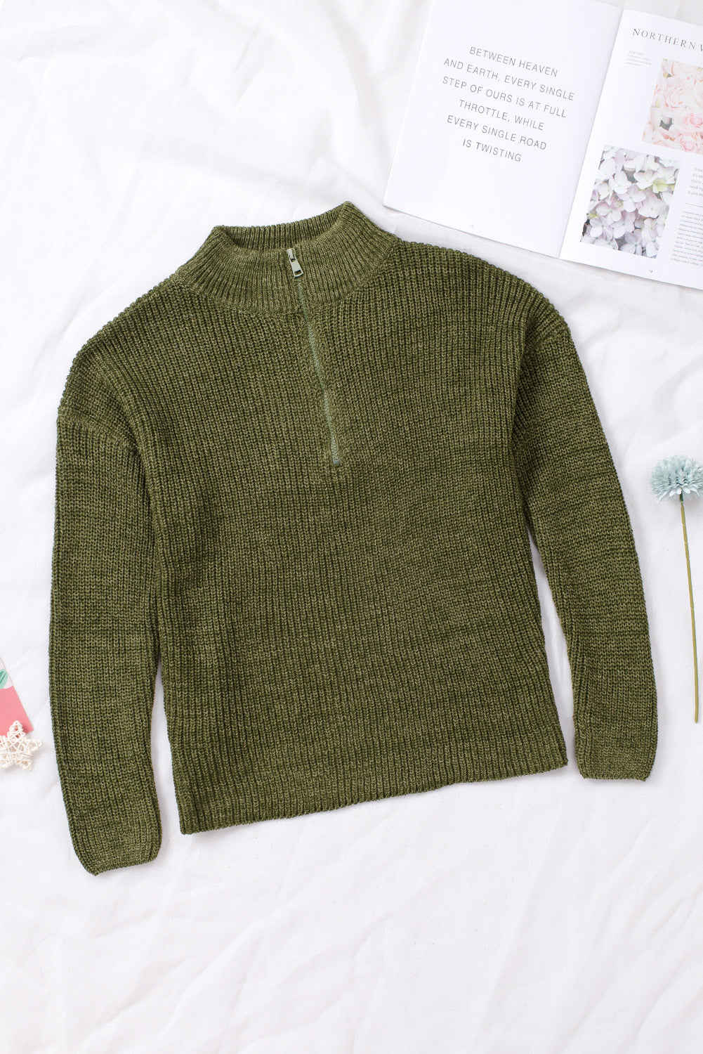 Zipped Turtleneck Drop Shoulder Knit Sweater