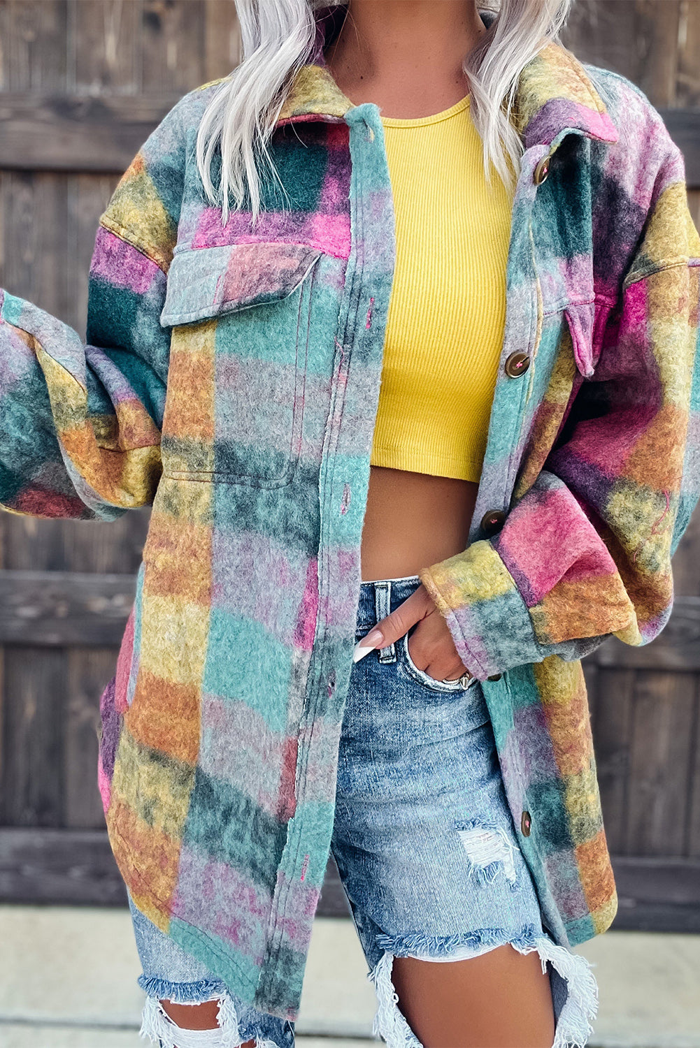 Veste longue surdimensionnée à poches et carreaux brossés multicolores