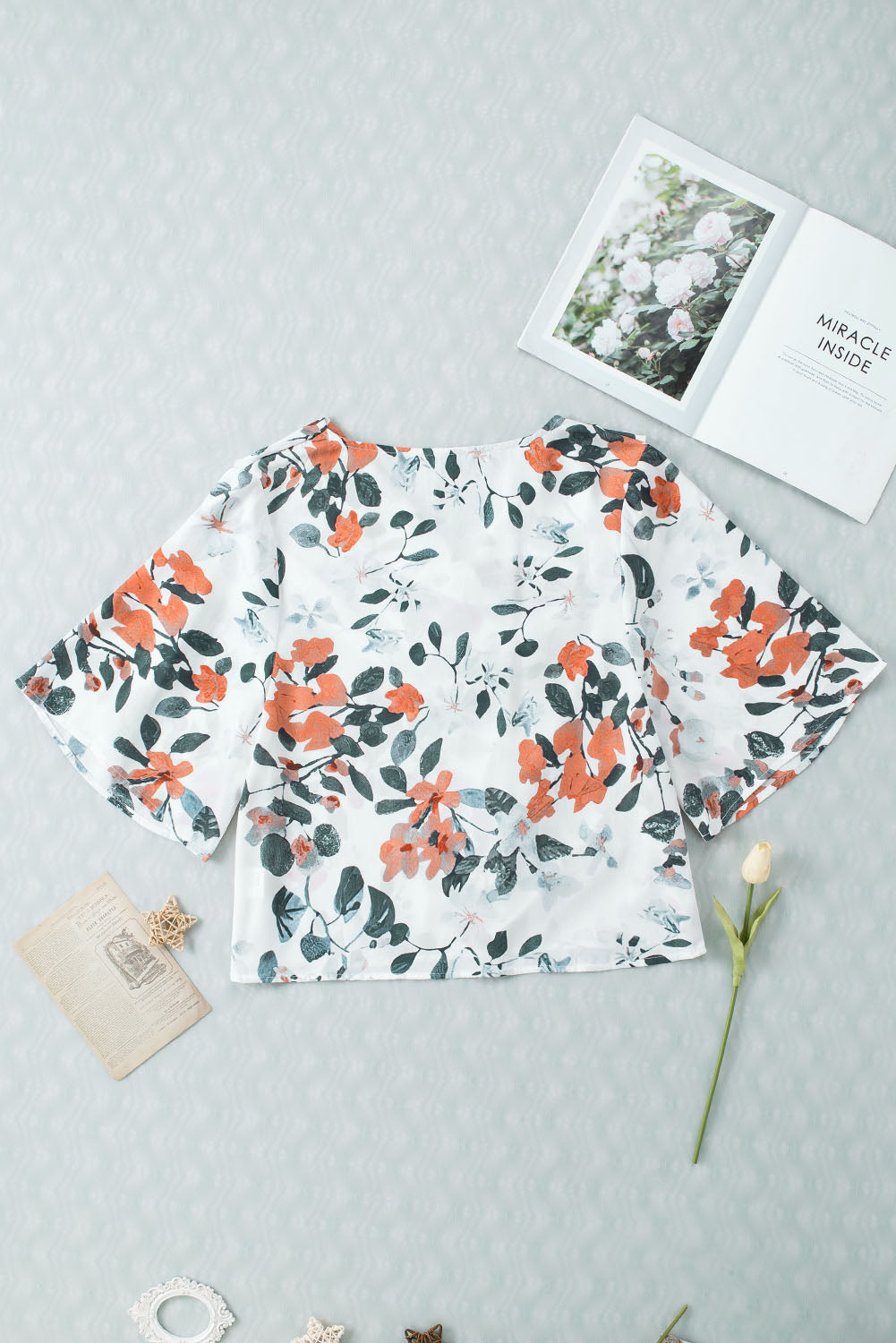 Floral Print Drape V Neck Short Sleeve Blouse