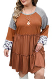 Brown Waffle Knit Leopard Patchwork Long Sleeve Dress