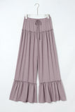 Khaki Frilled Drawstring High Waist Wide Leg Pants