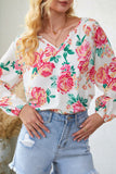 Notch V Neck Floral Pleated Puff Sleeve Blouse