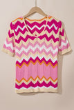 Pink Stripe Chevron Pointelle Knit V Neck Short Sleeve Sweater