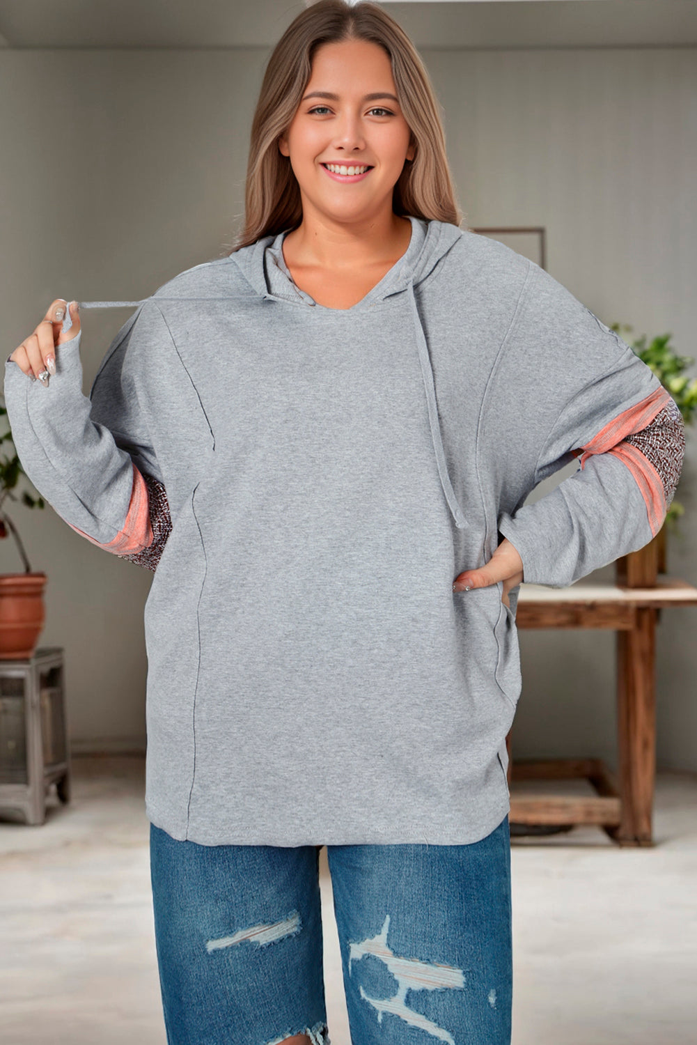 Contrast Patched Sleeve Plus Size Hoodie