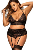 3pcs Lace Crochet Gold Trim Plus Size Lingerie Set