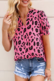 Leopard Notch Neck Bubble Sleeve Blouse