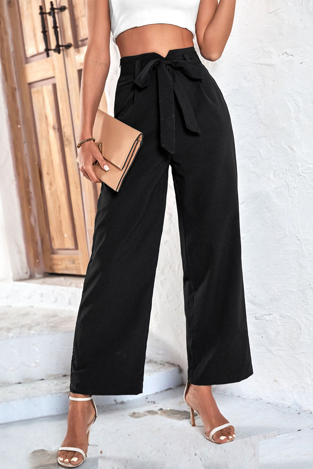 Solid Color Tie Waist Wide Leg Pants