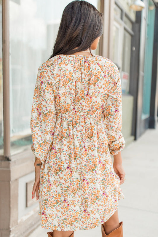 Yellow Boho Floral V Neck Ruffled Empire Waist Long Sleeve Mini Dress