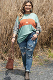 Green Colorblock Striped Bishop Sleeve Top