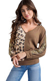 Leopard Splicing Waffle Knit V Neck Top