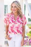 Pink Split Neck Ruffled Puff Sleeves Floral Top