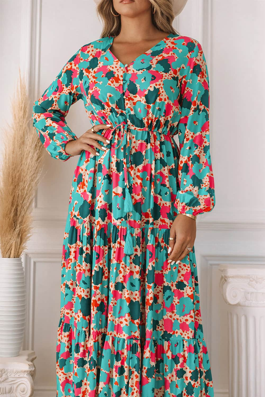 Bohemia Print V Neck Ruffle Long Sleeve Maxi Dress