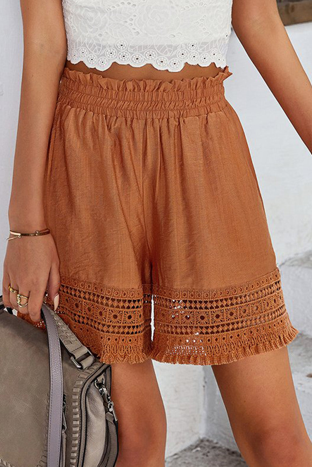 Smocked Waist Crochet Hem Casual Loose Shorts