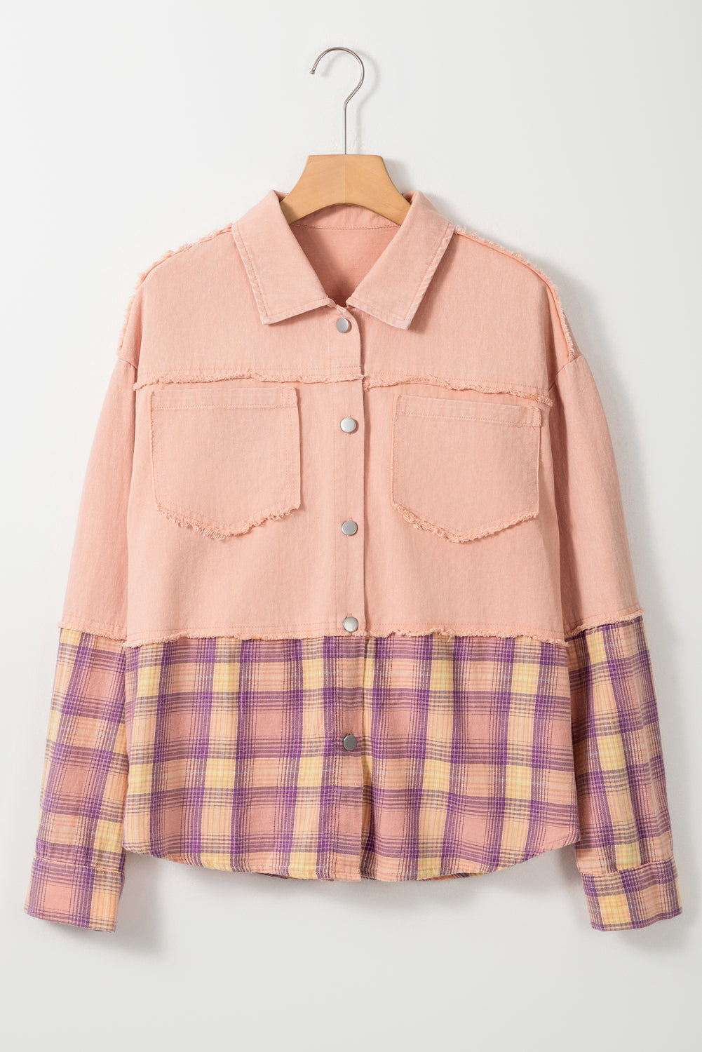 Pink Frayed Patchwork Plaid Contrast Jacket