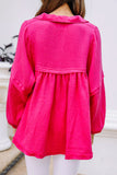 Crinkle Collared V-Neck Bubble Sleeve Flowy Blouse