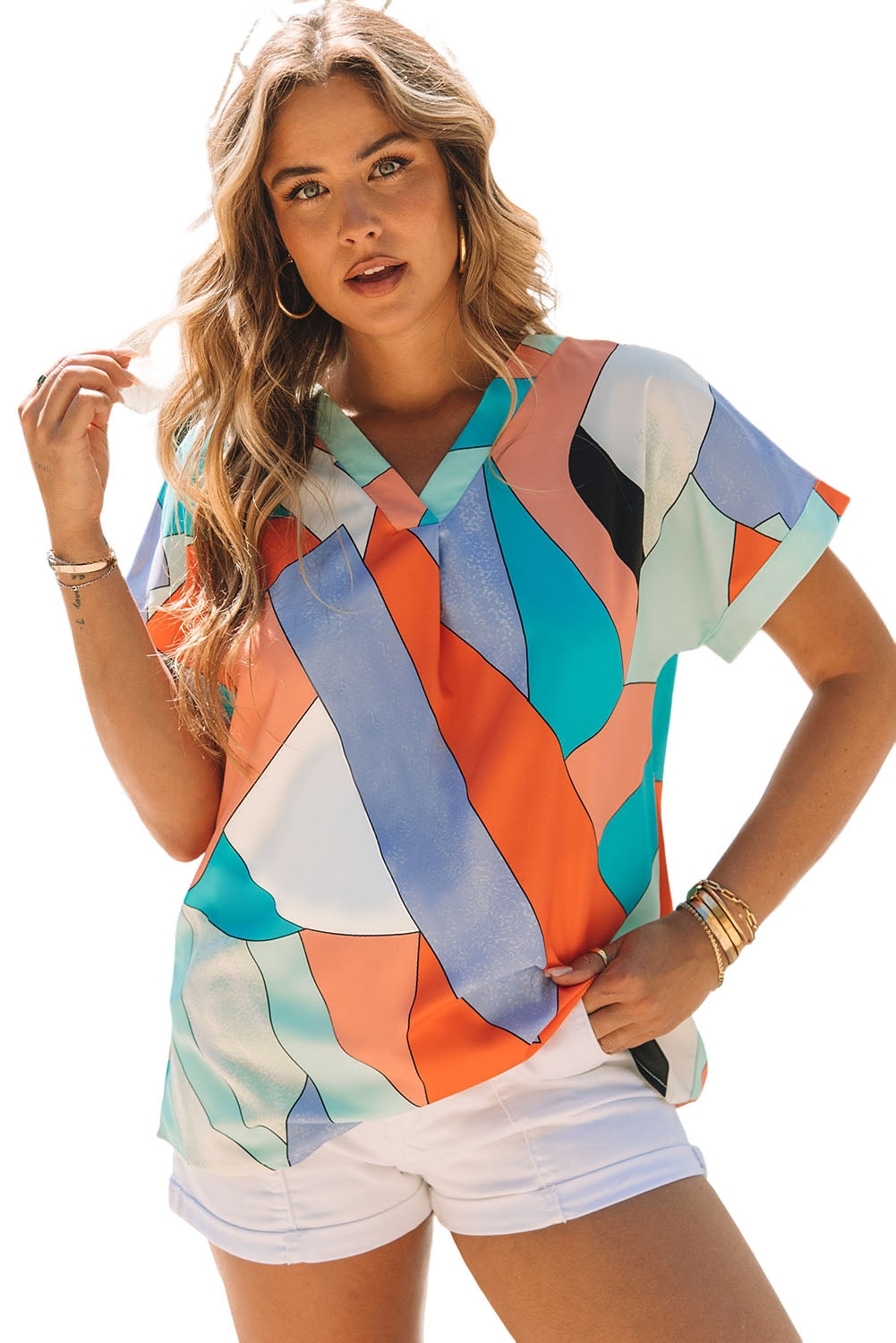 Irregular Color Block Printed Short Sleeve Blouse