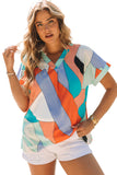 Irregular Color Block Printed Short Sleeve Blouse