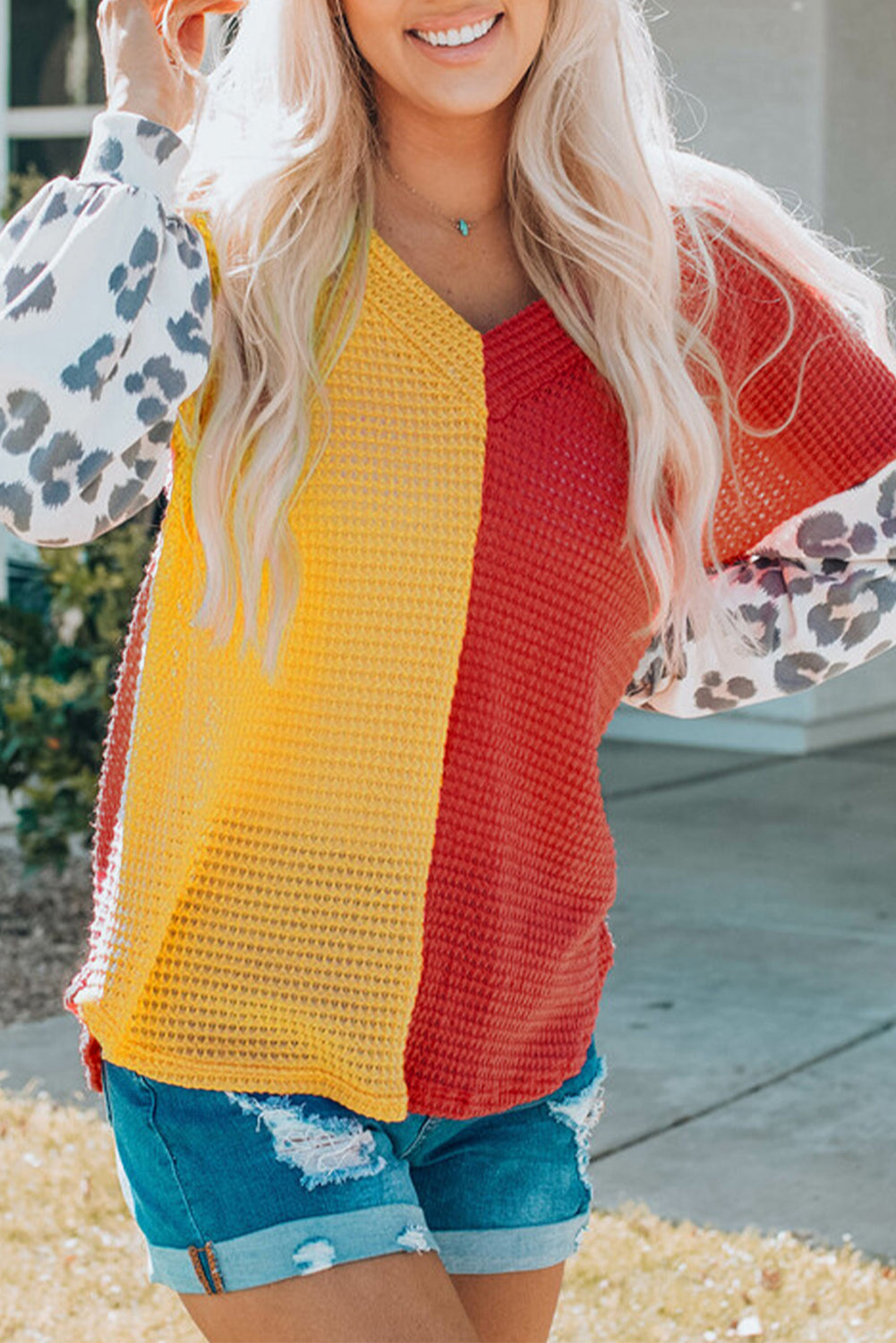 Leopard Color Block Waffle Knit V Neck Top