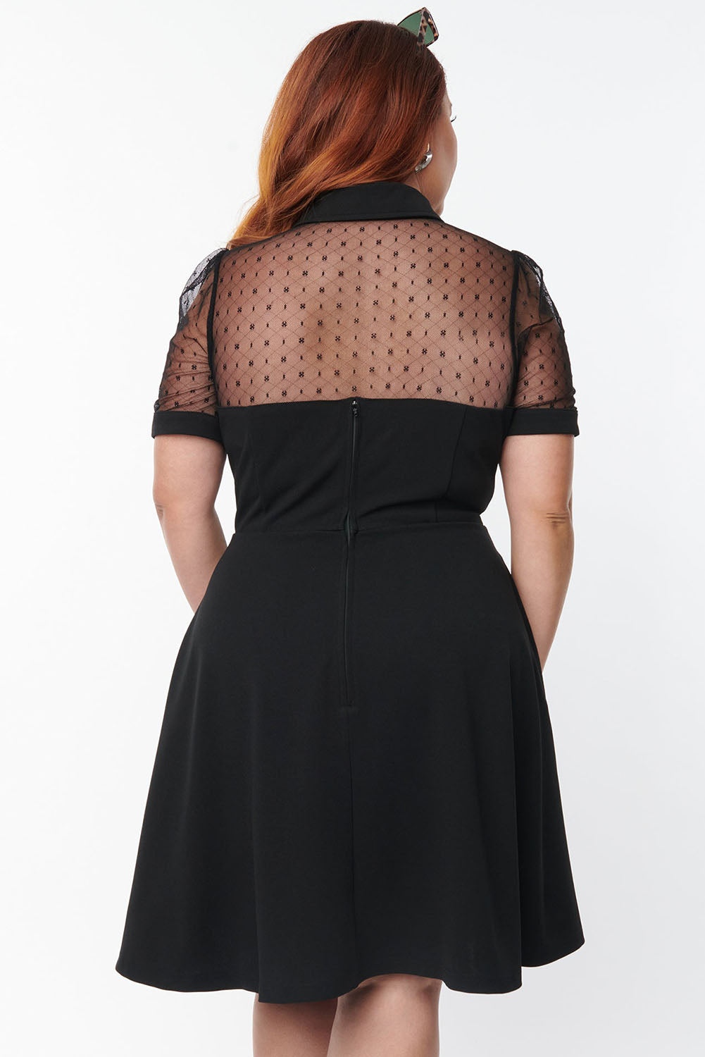 Plus Size Collared Mesh Yoke Fit Flare Dress