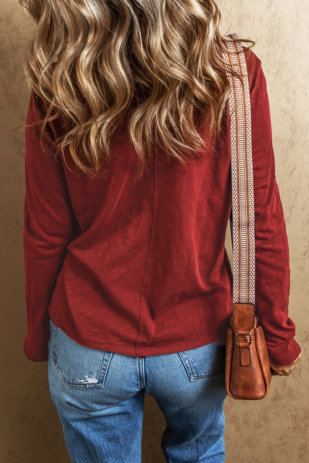 Red Solid Color Patchwork Long Sleeve Top