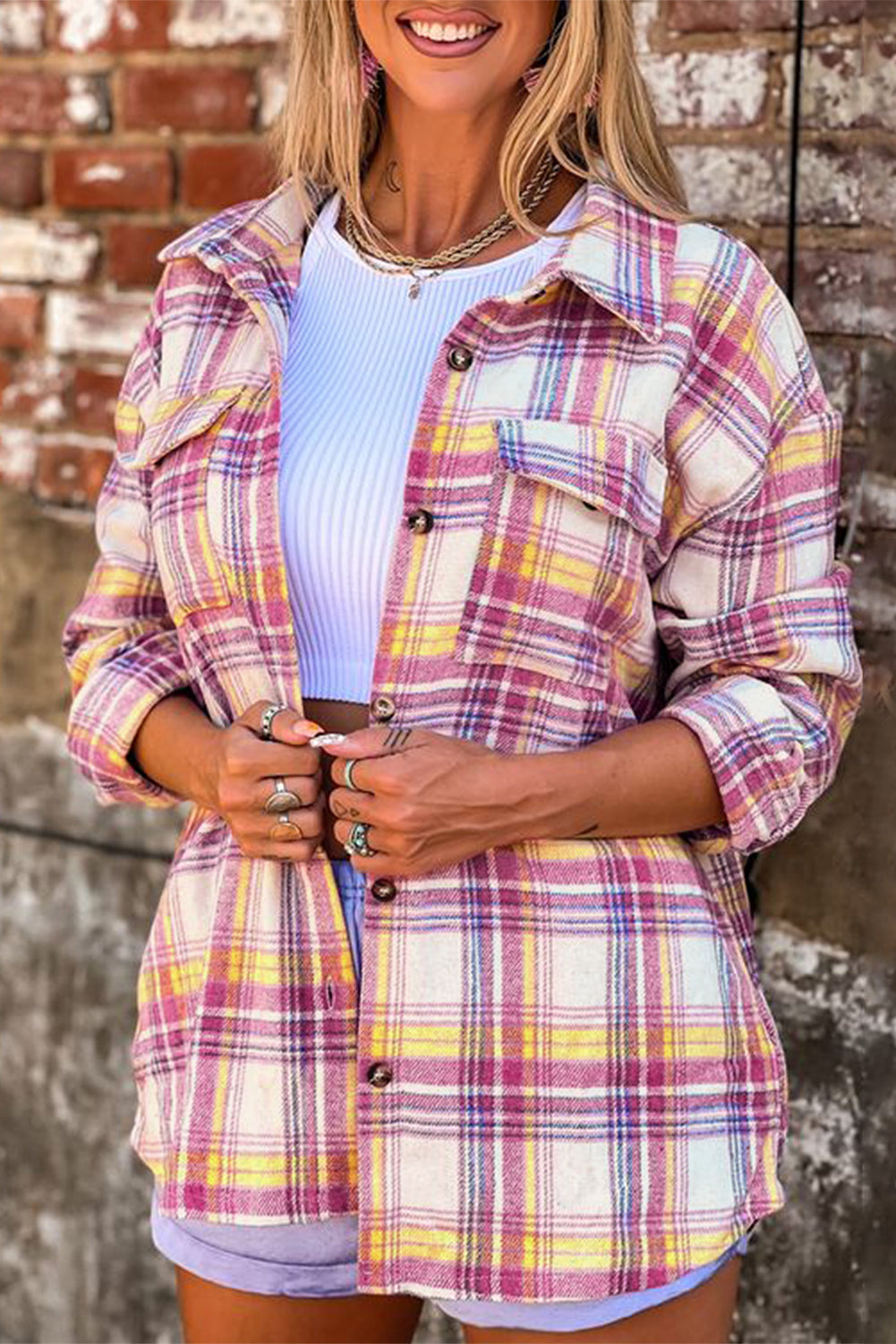 Plaid Print Rounded Hem Shirt Jacket