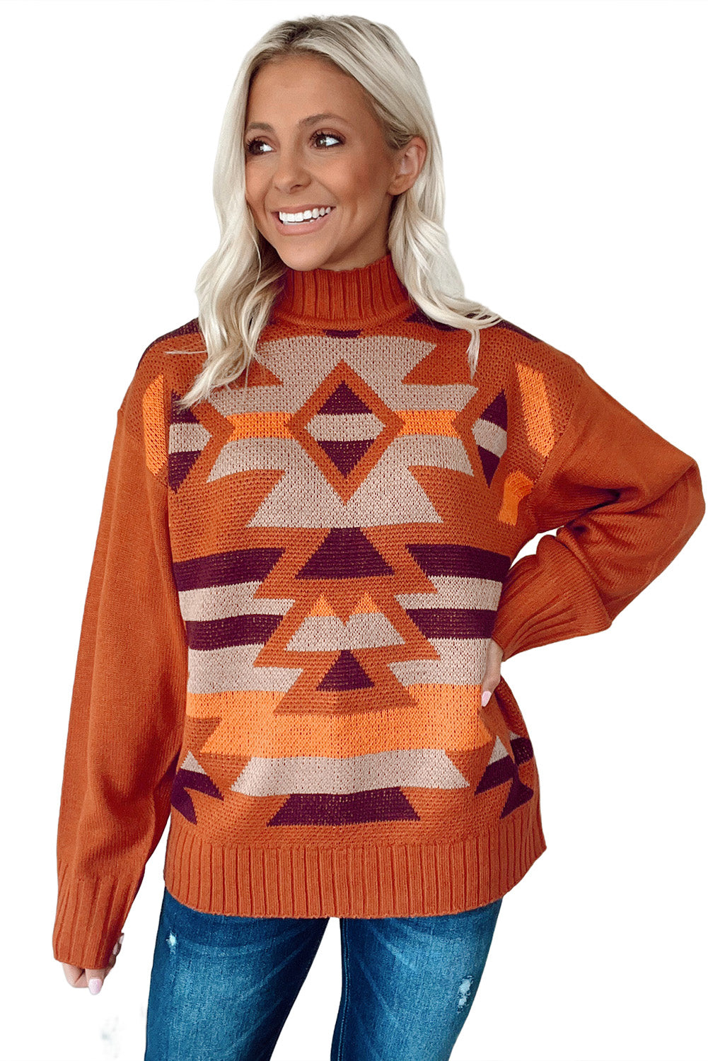 Aztec Knitted High Neck Drop Shoulder Sweater