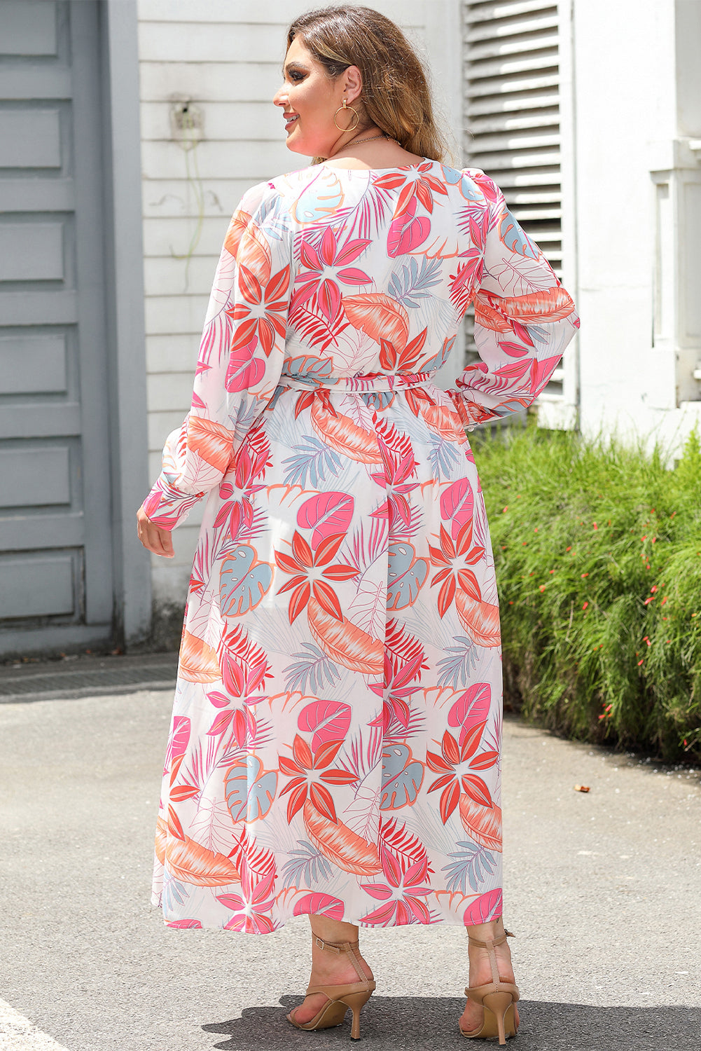 Tropical Plant Print Long Sleeve Wrap V-Neck Slit Maxi Dress