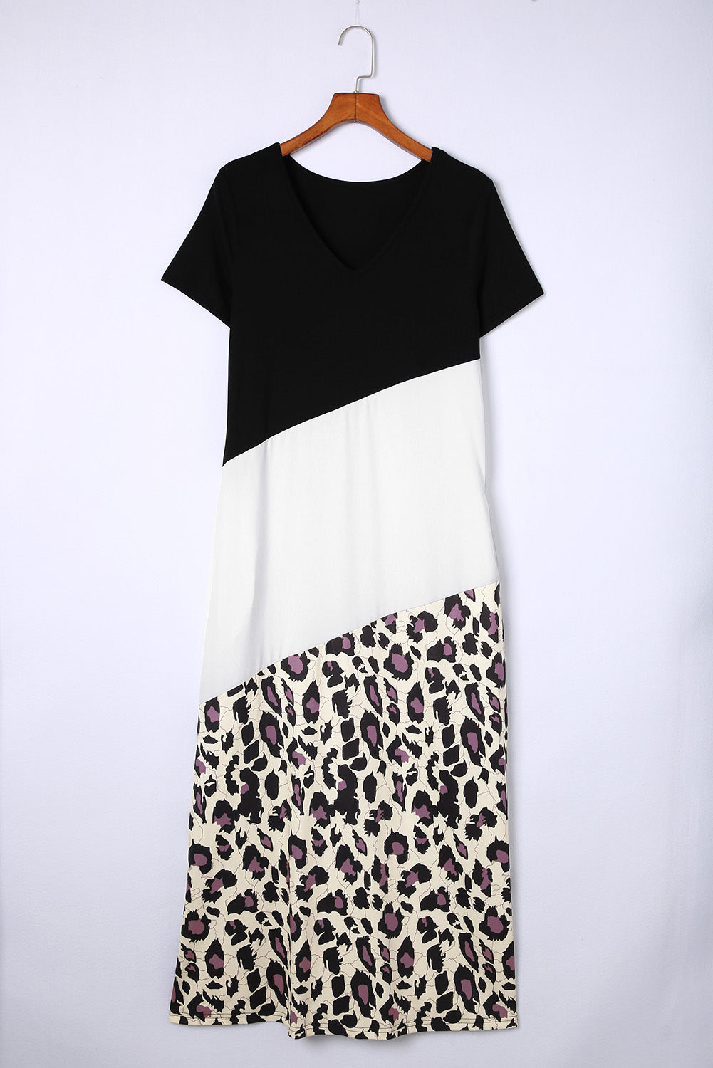 Red Leopard Color Block Side Slit T Shirt Maxi Dress