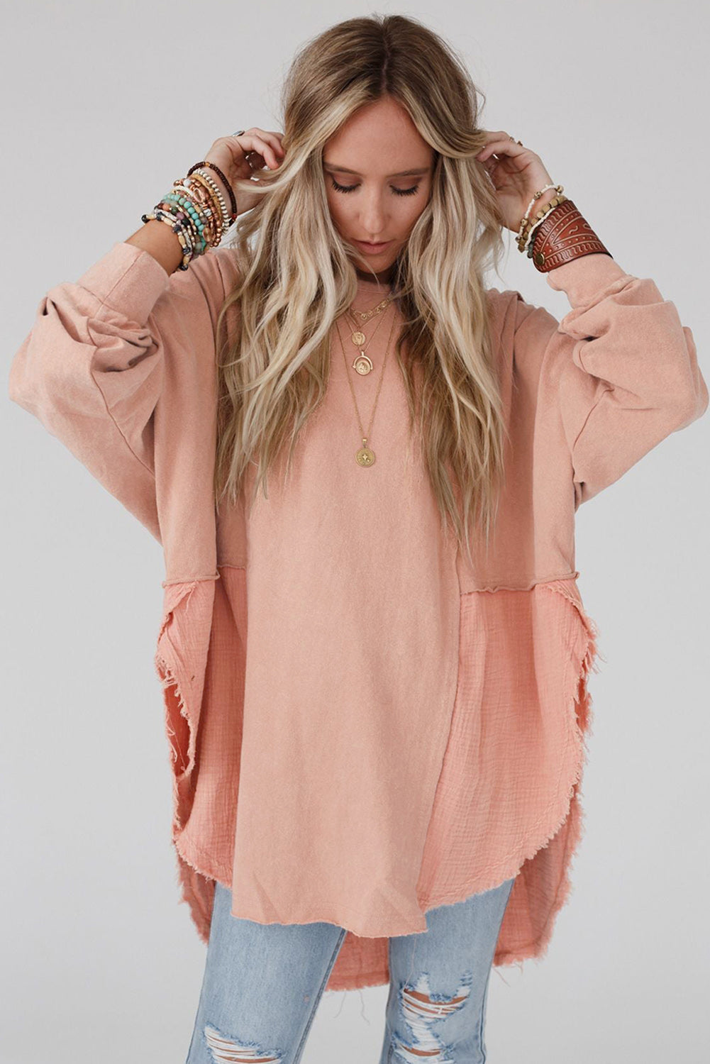 Crinkle Splicing Raw Hem High Low Oversized Blouse