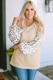 Leopard Print Patchwork Lantern Sleeve Waffle Knit Top