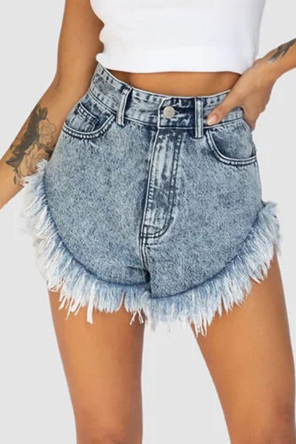 Dark Acid Wash Raw Hem Jean Shorts