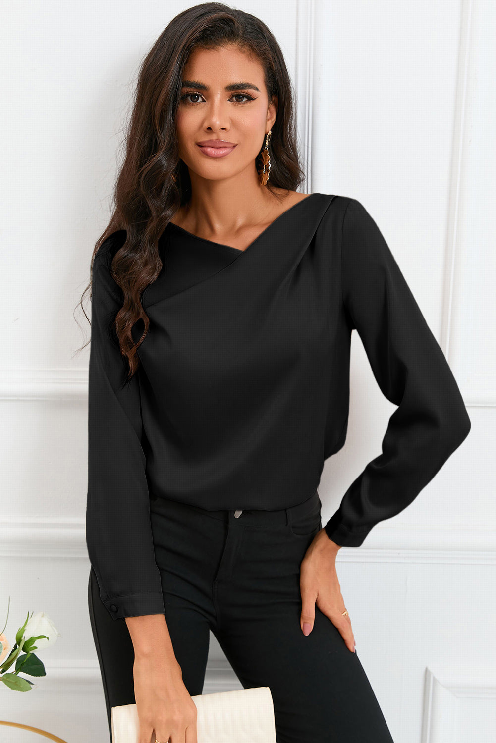 Solid Asymmetric V Neck Long Sleeve Satin Blouse