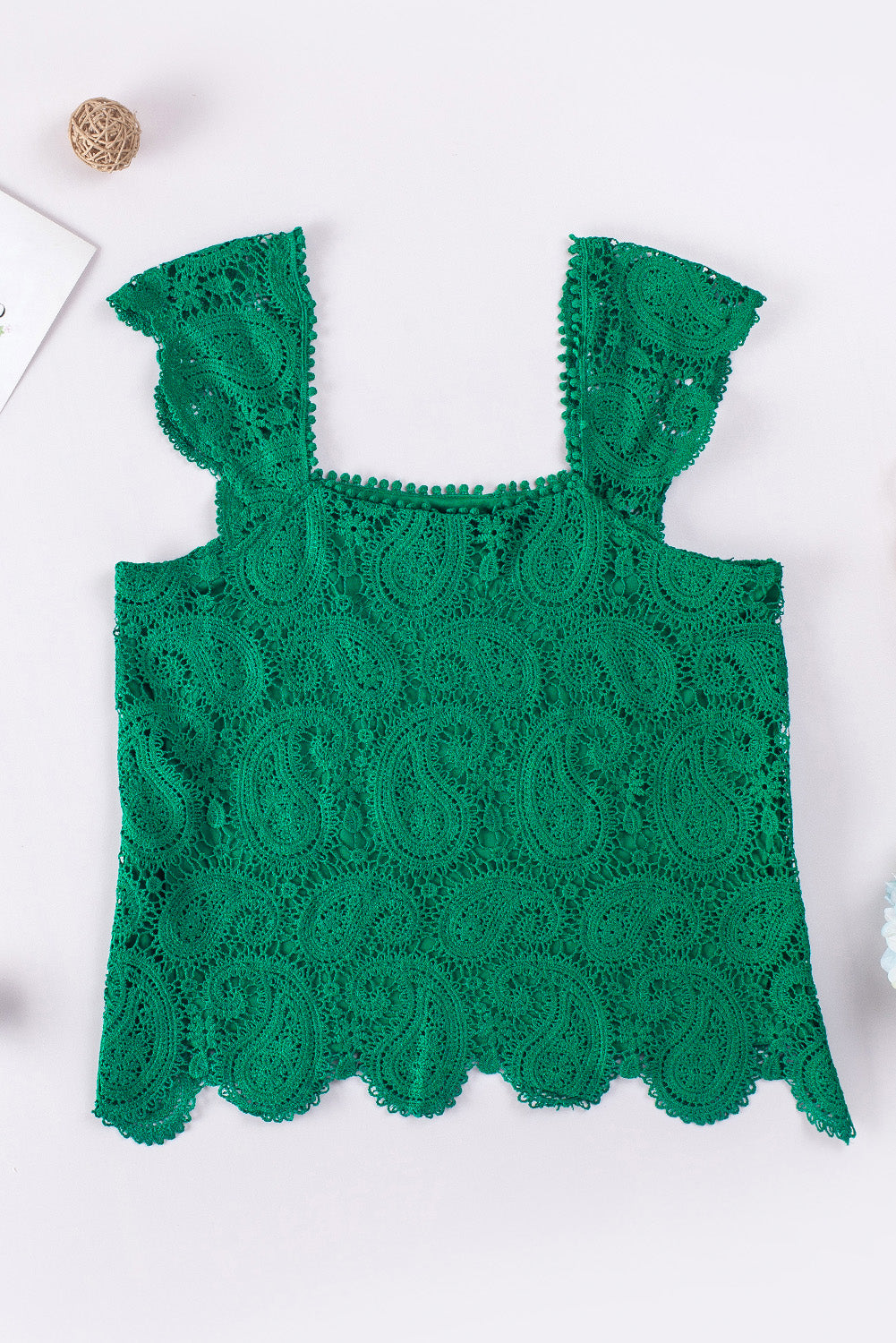 Lace Crochet Ruffled Square Neck Tank Top