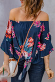 Off Shoulder Floral Tie Front High Low Chiffon Blouse