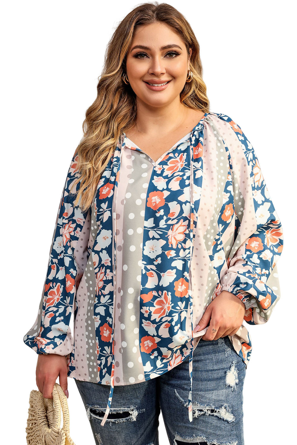 Plus Size Mixed Print Split Neck Blouse