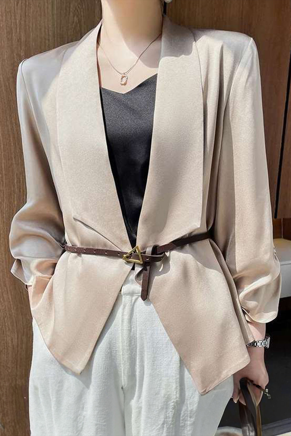 Solid Lapel Collar Satin Blazer