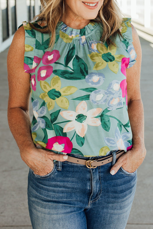 Floral Print Ruffle Trim Tank Top