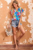 Sky Blue Multicolor Abstract Print High Neck Flutter Sleeves Top