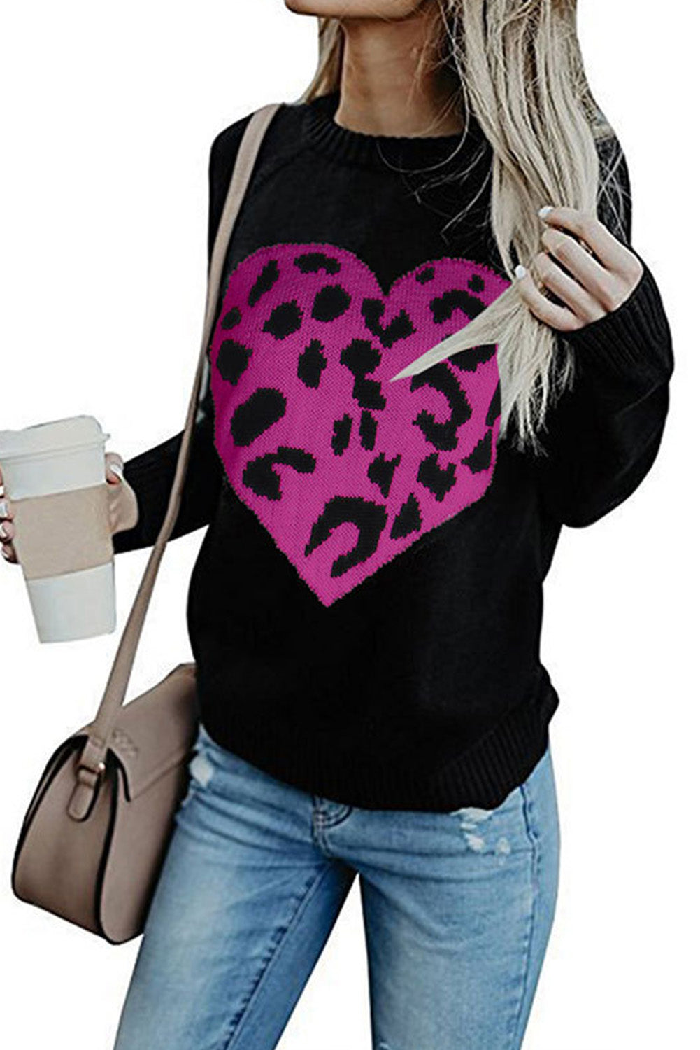 Leopard Heart Pattern Casual Sweater