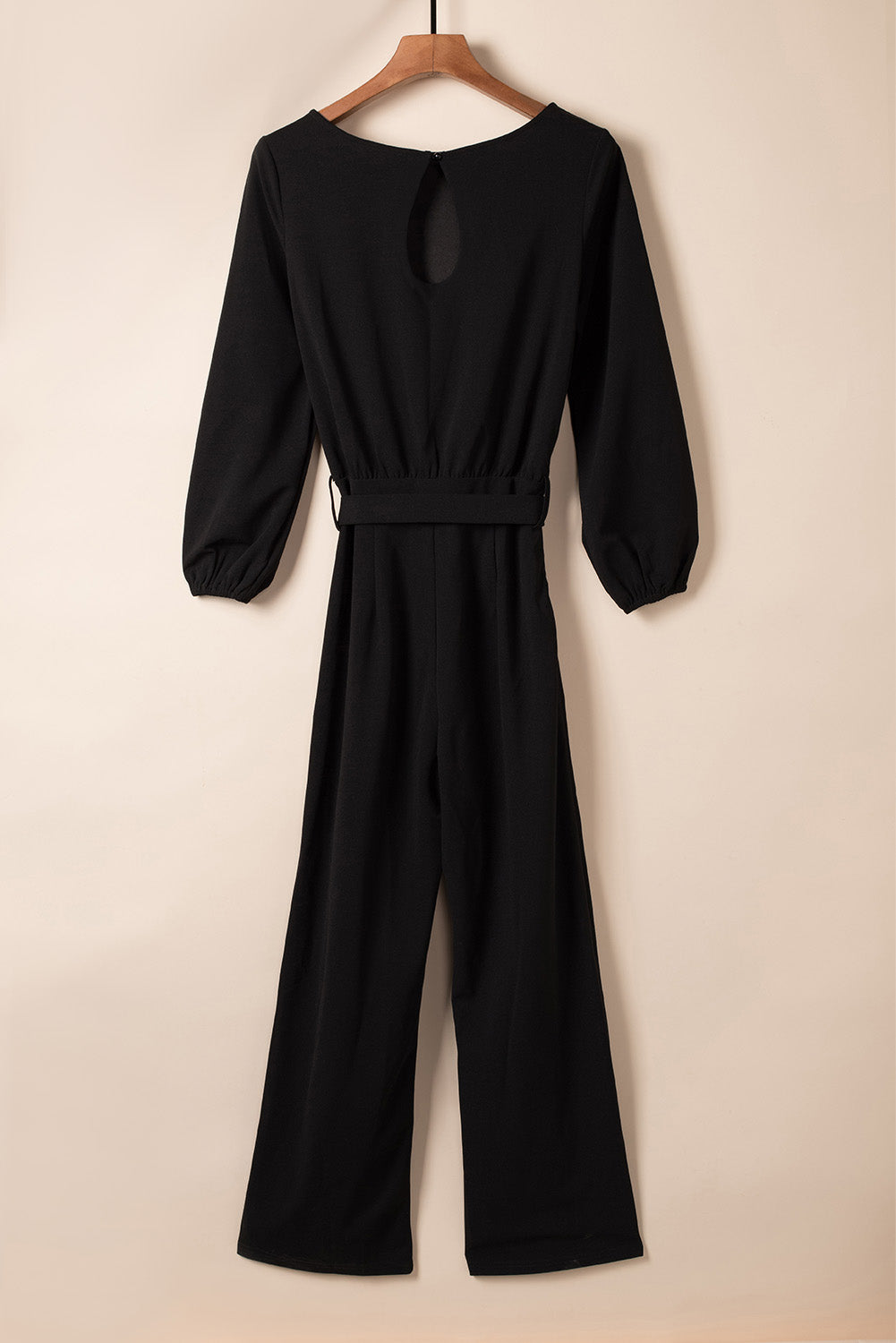 Boat Neck Bubble Sleeve Straight Legs Jumpsuit with Belt Tie