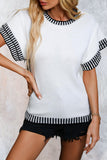 White Contrast Trim Round Neck Batwing Sleeve Knitted Top