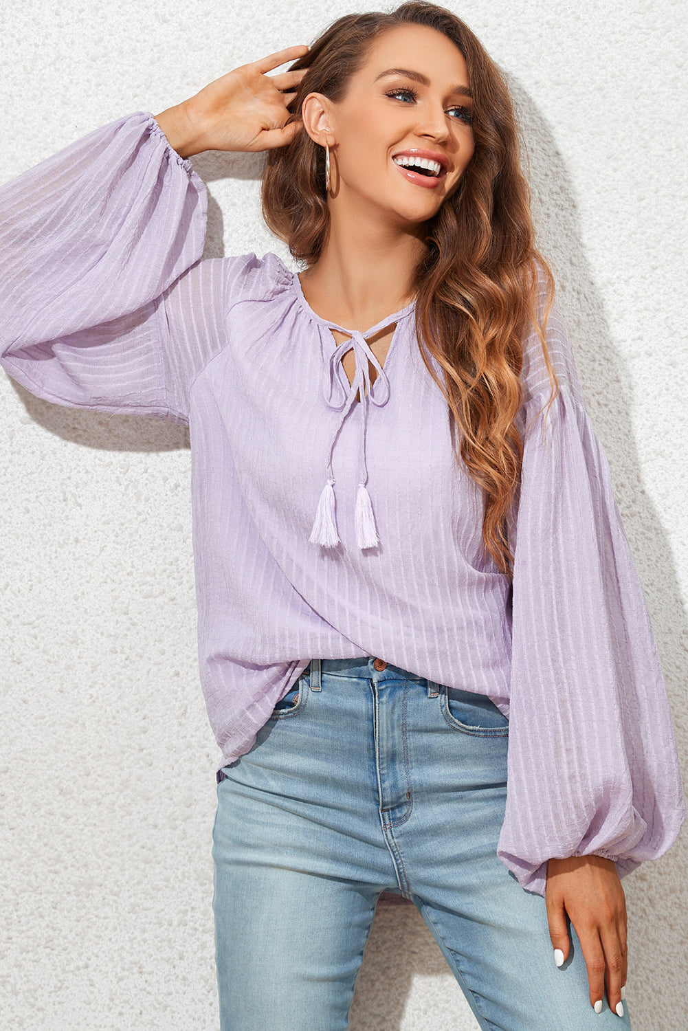 Blue Lantern Sleeve Stripe Tassel Drawstring Blouse